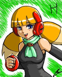 Rule 34 | 1girl, blonde hair, blue eyes, blush stickers, borockman, bracelet, breasts, call (mighty no. 9), call h, detached sleeves, jewelry, long hair, mighty no. 9, multicolored hair, neckerchief, robot ears, smile, solo, twintails, two-tone hair
