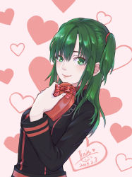 Rule 34 | 1girl, 2019, black jacket, box, closed mouth, d.gray-man, dated, green eyes, green hair, hair between eyes, hair ornament, heart, heart-shaped box, heart background, highres, holding, holding box, iris@work, jacket, lenalee lee, long hair, long sleeves, looking at viewer, signature, smile, solo, twintails