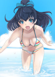 Rule 34 | 1girl, :d, bikini, black hair, blue eyes, breasts, cleavage, cloud, day, earrings, fang, ganaha hibiki, hair ribbon, high ponytail, hoop earrings, idolmaster, idolmaster (classic), jewelry, leaning forward, long hair, looking at viewer, medium breasts, miyamoto issa, multicolored stripes, navel, open mouth, ponytail, ribbon, skindentation, sky, smile, soaking feet, solo, striped bikini, striped clothes, swimsuit, wading, water