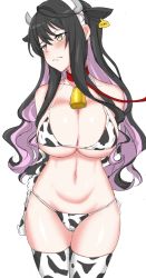 Rule 34 | 1girl, animal print, arms behind back, bell, bikini, black hair, blush, breasts, cleavage, closed mouth, collarbone, cow horns, cow print, cow tail, cowboy shot, fake horns, hair between eyes, highres, horns, kantai collection, large breasts, long hair, multicolored hair, naganami (kancolle), navel, nishikaze (makaso17), pink hair, simple background, solo, swimsuit, tail, thighhighs, wavy hair, white background, white bikini, white thighhighs, yellow eyes