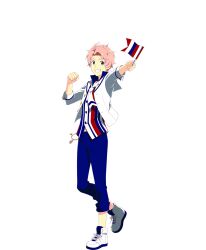 Rule 34 | 1boy, blue eyes, blue pants, buttons, clenched hand, flag, full body, highres, holding, holding flag, idolmaster, idolmaster side-m, idolmaster side-m growing stars, kabuto daigo, male focus, official alternate costume, official art, pants, pink hair, shirt, shoelaces, shoes, short hair, smile, solo, striped clothes, striped shirt, transparent background, white footwear