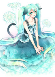 Rule 34 | 1girl, animal ears, barefoot, cat ears, cat tail, dress, flower, green eyes, green hair, hatsune miku, long hair, matching hair/eyes, open mouth, sitting, solo, tail, twintails, very long hair, vocaloid, yuina0099