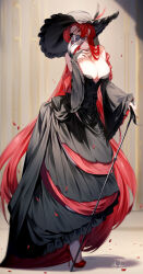 Rule 34 | 1girl, bare shoulders, bent over, black feathers, black headwear, black sleeves, breasts, cane, contrapposto, covering face, detached sleeves, eyepatch, feathers, genyaky, glowing, glowing eye, hat, highres, jewelry, large breasts, long hair, necklace, original, red feathers, red footwear, red hair, signature, spotlight, veil, very long hair