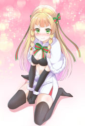 Rule 34 | 1girl, black gloves, black thighhighs, blonde hair, blush, braid, breasts, capelet, cleavage, closed mouth, commentary request, cosplay, creatures (company), elbow gloves, embarrassed, fate/grand order, fate (series), fukemachi, game freak, gloves, green eyes, hair ribbon, jeanne d&#039;arc (fate), jeanne d&#039;arc (ruler) (fate), jeanne d&#039;arc alter (fate), jeanne d&#039;arc alter santa lily (fate), jeanne d&#039;arc alter santa lily (fate) (cosplay), lillie (pokemon), long hair, medium breasts, multicolored ribbon, nintendo, pink background, pokemon, pokemon sm, pout, ribbon, sitting, solo, thighhighs, twin braids, wariza