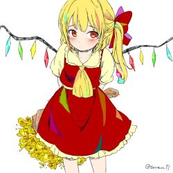Rule 34 | 1girl, arms behind back, blonde hair, blush, bouquet, bow, commentary request, cowboy shot, crystal, flandre scarlet, flower, hair bow, holding, holding bouquet, leaning forward, long hair, no headwear, no headwear, one-hour drawing challenge, red bow, red eyes, red skirt, red vest, ryuuta (akatukiryoka), shirt, short sleeves, side ponytail, simple background, skirt, solo, touhou, twitter username, vest, white background, white shirt, wings, yellow neckwear