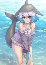 Rule 34 | bare legs, bare shoulders, blowhole, blue eyes, blue hair, blush, cetacean tail, common bottlenose dolphin (kemono friends), dolphin girl, dorsal fin, fins, fish tail, frilled one-piece swimsuit, frills, grey hair, grey sweater, hair between eyes, head fins, highres, holding, holding water gun, kemono friends, kosai takayuki, long sleeves, looking at viewer, multicolored hair, ocean, off-shoulder sweater, off shoulder, one-piece swimsuit, sidelocks, spaghetti strap, sweater, swimsuit, tail, two-tone sweater, water gun, white hair, white one-piece swimsuit