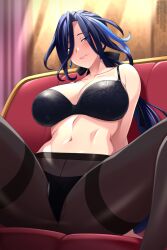Rule 34 | 1girl, bare shoulders, black bra, black panties, black ribbon, blue hair, blurry, blurry background, blush, bra, breasts, clorinde (genshin impact), collarbone, come hither, commentary, commission, couch, curtains, day, earrings, english commentary, genshin impact, hair between eyes, hair ribbon, highres, indoors, jewelry, large breasts, lindaroze, long hair, looking at viewer, low ponytail, multicolored hair, navel, on couch, paid reward available, panties, panties under pantyhose, pantyhose, parted bangs, parted lips, purple eyes, purple hair, raised eyebrows, ribbon, seductive smile, sitting, smile, solo, spread legs, streaked hair, sunlight, thighband pantyhose, twitter username, underwear, underwear only, very long hair, watermark, web address