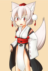 Rule 34 | 1girl, animal ears, bare legs, blush, detached sleeves, elu butyo, hand on own hip, hat, highres, inubashiri momiji, kourindou tengu costume, looking at viewer, open mouth, orange background, red eyes, short hair, silver hair, simple background, solo, tail, tokin hat, touhou, wolf ears, wolf tail