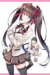 Rule 34 | 1boy, 1girl, bag, black hair, black thighhighs, blazer, blue eyes, bow, bowtie, cover, cover page, crossed arms, flying sweatdrops, hair bow, hair ribbon, highres, jacket, letterboxed, long hair, looking at viewer, pleated skirt, redrop, ribbon, scan, school bag, school uniform, short hair, shoulder bag, skirt, thighhighs, twintails, very long hair, white background