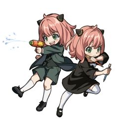 Rule 34 | &gt;:), 2girls, anya (spy x family), black dress, black footwear, bow, bowtie, chibi, child, chinese commentary, commentary request, cosplay, dress, dual persona, full body, green eyes, green jacket, green shorts, hairpods, highres, holding, holding pencil, holding water gun, jacket, kneehighs, leg up, long sleeves, mary janes, multiple girls, open mouth, pencil, pink hair, shoes, short hair, shorts, simple background, smile, socks, spy x family, twilight (spy x family), twilight (spy x family) (cosplay), v-shaped eyebrows, water gun, white background, white bow, white bowtie, white legwear, wuliu heihuo, yor briar, yor briar (cosplay)