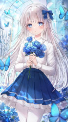 Rule 34 | 1girl, :o, absurdres, blue bow, blue eyes, blue flower, blue rose, blue skirt, bouquet, bow, bug, building, butterfly, collared shirt, commentary, flower, frilled skirt, frills, greenhouse, hair bow, highres, holding, holding bouquet, insect, long sleeves, looking at viewer, original, petticoat, pleated skirt, rose, shirt, skirt, solo, standing, symbol-only commentary, tsumugi 8345, white hair, white shirt