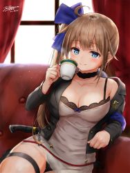 Rule 34 | 1girl, ahoge, bare shoulders, black bra, black choker, black panties, blue eyes, blush, bra, breasts, brown hair, chain, choker, cleavage, collarbone, commentary request, couch, cup, dated, dress, fal (girls&#039; frontline), girls&#039; frontline, grey dress, highres, holding, holding cup, large breasts, long hair, long sleeves, looking at viewer, off-shoulder jacket, off shoulder, on couch, panties, ribbon, side ponytail, signature, sitting, smile, solo, thigh strap, underwear, very long hair, window, yukinoshiro