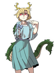 Rule 34 | 1girl, absurdres, arm behind back, blonde hair, blue shirt, closed mouth, commentary, dragon horns, dragon tail, eddybird55555, english commentary, feet out of frame, green skirt, highres, horns, kicchou yachie, looking at viewer, red eyes, shirt, short hair, short sleeves, simple background, skirt, solo, standing, sweatdrop, tail, touhou, turtle shell, white background, wide sleeves