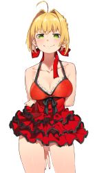 10s 1girl absurdres ahoge arms_behind_back bare_shoulders blonde_hair blush braid breasts cleavage collarbone cowboy_shot dress fate/extra fate/extra_ccc fate_(series) french_braid green_eyes hair_bun hair_intakes hair_ribbon highres hip_focus kei_(soundcross) large_breasts looking_at_viewer nero_claudius_(fate) nero_claudius_(fate)_(all) nero_claudius_(fate/extra) official_alternate_costume red_dress ribbon simple_background single_hair_bun smile smug solo thighs white_background