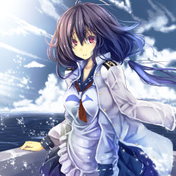 Rule 34 | 10s, 1girl, cloud, jacket, jacket on shoulders, kantai collection, long hair, looking at viewer, monikano, neckerchief, open mouth, purple hair, red eyes, school uniform, serafuku, skirt, sky, smile, solo, taigei (kancolle), twintails, whale