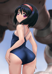 Rule 34 | 1girl, arched back, ass, back, black hair, blue one-piece swimsuit, blurry, commentary request, competition school swimsuit, cowboy shot, day, depth of field, embarrassed, from behind, frown, hair between eyes, hairband, highres, looking at viewer, looking back, mecha, one-piece swimsuit, original, outdoors, outline, purple eyes, red hairband, robot, rohitsuka, school swimsuit, short hair, solo, standing, swimsuit, thighs, twisted torso