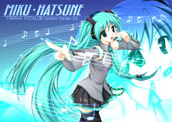 Rule 34 | 1girl, aqua eyes, aqua hair, detached sleeves, hatsune miku, headset, long hair, musical note, necktie, pointing, skirt, solo, staff (music), thighhighs, twintails, very long hair, vocaloid, wantoshi