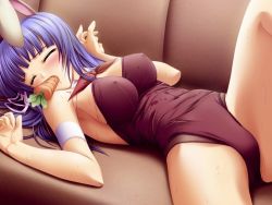 Rule 34 | 1girl, aftersex, animal ears, bare legs, blue hair, breasts, carrot, couch, closed eyes, fake animal ears, fruit punch (eroge), highleg, large breasts, long hair, lying, non-web source, playboy bunny, purple hair, rabbit ears, solo, sweat, youga ai