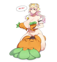 Rule 34 | 1girl, blonde hair, breasts, covering privates, covering breasts, green eyes, highres, hololive, large breasts, meganbear500, momosuzu nene, navel, sitting, solo, thick lips, thick thighs, thighs, virtual youtuber