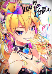 Rule 34 | 1girl, armlet, bare shoulders, biting, black collar, black nails, blonde hair, blue eyes, blush, borrowed design, bowsette, breast tattoo, breasts, character name, cleavage, collar, collarbone, crown, ear piercing, earrings, eating, fangs, fingernails, food, grin, hair between eyes, heart, heart collar, heart tattoo, highres, holding, holding food, horn ornament, horns, jessie6533, jewelry, lipstick, long hair, makeup, mario (series), medium breasts, nail polish, necklace, new super mario bros. u deluxe, nib pen (medium), nintendo, piercing, pizza, pizza slice, pointy ears, ring, skindentation, slit pupils, smile, solo, spiked armlet, spiked collar, spiked ring, spikes, strapless, super crown, tattoo, traditional media, tsurime, upper body, v-shaped eyebrows