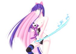 Rule 34 | 10s, 1girl, absurdres, bow, breasts, cleavage, dubu (wngml5753), highres, long hair, multicolored hair, panty &amp; stocking with garterbelt, single thighhigh, solo, stocking (psg), striped clothes, striped thighhighs, stuffed toy, sword, thighhighs, weapon