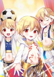 Rule 34 | 1boy, aged down, amu enya, ball, blonde hair, blush, child, child gilgamesh (fate), fate/hollow ataraxia, fate/kaleid liner prisma illya, fate (series), gilgamesh (fate), hair between eyes, hood, hoodie, jewelry, looking at viewer, male focus, midriff, navel, necklace, one eye closed, open mouth, red eyes, soccer ball, solo, telstar, vest