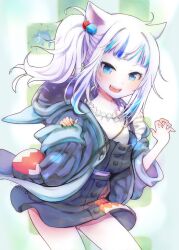 Rule 34 | 1girl, animal ears, animal hood, animal motifs, blue eyes, blue hair, blue jacket, blue skirt, blunt bangs, blush, cat ears, commentary request, cube hair ornament, gawr gura, gawr gura (casual), hair ornament, highres, hololive, hololive english, hood, jacket, looking at viewer, medium hair, multicolored hair, open mouth, partial commentary, ponytail, shark girl, shark hood, sharp teeth, shirt, side ponytail, sidelocks, skirt, skirt set, smile, solo, streaked hair, teeth, toro astro, upper teeth only, virtual youtuber, white hair, white shirt