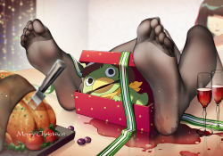 Rule 34 | 1girl, bird, black pantyhose, chicken, christmas, cup, drinking glass, faceless, faceless female, feet, food, foot focus, foreshortening, gagged, gift, greek toe, green ribbon, indoors, jinnai enta, kappa, knife, luode huayuan, no shoes, pantyhose, reflection, ribbon, sarazanmai, soles, spill, table, toes, tomato, wet, wine glass