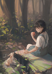 Rule 34 | 1girl, animal, apple, blue dress, blue eyes, braid, brown hair, closed mouth, commentary request, dated, dress, feeding, food, forest, fox, from behind, fruit, glasses, highres, holding, holding food, holding fruit, nature, original, outdoors, overall skirt, red-framed eyewear, shade, shirt, short sleeves, signature, sitting, tree, tree stump, twin braids, white shirt, xiaobanbei milk