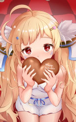 Rule 34 | 1girl, ahoge, apron, azur lane, bad id, bad pixiv id, bare arms, bare shoulders, blonde hair, blue ribbon, blush, breasts, candy, chocolate, chocolate heart, commentary request, covered mouth, eldridge (azur lane), facial mark, food, hair ornament, hairclip, hands up, happy valentine, heart, heart-shaped pupils, heart hair ornament, highres, holding, holding food, long hair, naked apron, ponta (velmar), red eyes, ribbon, small breasts, solo, star (symbol), star hair ornament, symbol-shaped pupils, twintails, very long hair, white apron