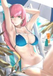 Rule 34 | 1girl, armpits, arms up, beach chair, beach umbrella, bikini, blonde hair, blue eyes, breasts, cleavage, collarbone, day, earrings, female focus, fire emblem, fire emblem heroes, gradient hair, gunnthra (fire emblem), hair ornament, highres, j@ck, jewelry, large breasts, lips, looking at viewer, medium breasts, multicolored hair, navel, nintendo, outdoors, palm leaf, parted lips, pink hair, shiny skin, simple background, sitting, solo, stomach, striped, swimsuit, umbrella, vertical stripes