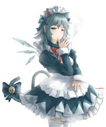 Rule 34 | 1girl, absurdres, alternate costume, animal ears, apron, bell, blue hair, blush, breasts, cigarette, cirno, dress, feet out of frame, highres, ice, ice wings, maid, maid apron, maid headdress, medium breasts, ribbon, serious, skirt, smoking, tail, touhou, white background, wings, wwparasi