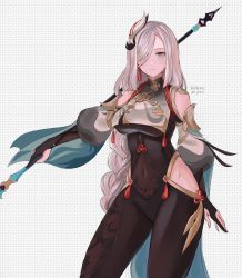 Rule 34 | 1girl, absurdres, artist name, blue eyes, bodysuit, braid, breast curtain, breasts, clothing cutout, covered navel, earrings, elbow gloves, flower knot, genshin impact, gloves, hair ornament, highres, holding, holding polearm, holding weapon, jewelry, large breasts, long hair, looking at viewer, low-braided long hair, low-tied long hair, partially fingerless gloves, polearm, shenhe (genshin impact), shoulder cutout, silver hair, simple background, solo, st ard, tassel, tassel earrings, very long hair, waist cutout, weapon