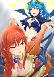 Rule 34 | 2girls, :d, apron, arms behind back, bat wings, bent over, blue hair, blush, braid, breasts, brooch, choker, cleavage, demon, demon girl, demon tail, fang, femdom, horns, jewelry, kusakabe makoto, large breasts, long hair, multiple girls, naughty face, navel, open mouth, original, pain, pointy ears, ponytail, purple eyes, red eyes, red hair, riding, self-portrait, single braid, sitting, sitting on person, smile, submission, submission hold, surfboard stretch, sweat, tail, tears, waitress, wince, wings, wrestling