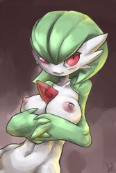 Rule 34 | 1girl, artist name, atryl, blush, breasts, brown background, collarbone, creatures (company), game freak, gardevoir, gen 3 pokemon, green hair, hair over one eye, highres, large breasts, looking up, navel, nintendo, nipples, own hands together, pokemon, pokemon (creature), pokemon rse, red eyes, short hair, signature, simple background, smile, solo, text focus