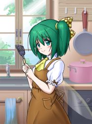 Rule 34 | 1girl, alternate costume, apron, ascot, bad id, bad pixiv id, birijian, blush, bow, collared shirt, cowboy shot, daiyousei, day, from side, frying pan, green eyes, green hair, hair bow, highres, indoors, kitchen, light rays, looking at viewer, matching hair/eyes, pocket, pot, shirt, short hair, side ponytail, sink, sketch, smile, solo, spatula, stove, sunlight, touhou, towel, tree, white shirt, window