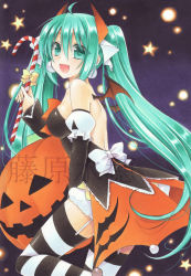 Rule 34 | 1girl, acrylic paint (medium), bad id, bad pixiv id, bat wings, blue hair, candy, candy cane, food, fujiwara minaho, garter straps, green hair, halloween, hatsune miku, highres, horns, jack-o&#039;-lantern, long hair, marker (medium), open mouth, painting (medium), solo, star (symbol), striped clothes, striped legwear, striped thighhighs, thighhighs, traditional media, twintails, very long hair, vocaloid, wings