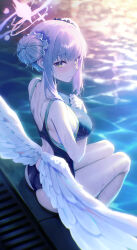 Rule 34 | 1girl, absurdres, angel wings, ass, backlighting, blue archive, blunt bangs, blurry, blurry background, breasts, competition swimsuit, double bun, hair bun, halo, hands on own chest, highres, looking at viewer, looking back, low wings, medium breasts, mika (blue archive), one-piece swimsuit, pink hair, pink halo, pool, poolside, sidelocks, sitting, soy chicken, swimsuit, wet, white wings, wings, yellow eyes