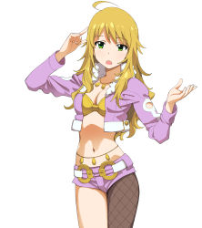 Rule 34 | 1girl, a1 (initial-g), absurdres, ahoge, asymmetrical clothes, belly chain, blonde hair, bra, breasts, cleavage, cool &amp; sexy (idolmaster), cropped jacket, fishnet pantyhose, fishnets, green eyes, highres, hoshii miki, idolmaster, idolmaster (classic), jacket, jewelry, legs, lingerie, long hair, looking at viewer, midriff, navel, open mouth, pantyhose, short shorts, shorts, simple background, single leg pantyhose, solo, thighs, underwear, white background, yellow bra