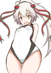Rule 34 | 1girl, :d, absurdres, bare shoulders, blush, bow, breasts, brown eyes, casual one-piece swimsuit, commentary request, covered navel, fate/grand order, fate (series), green bow, green ribbon, hair between eyes, hair bow, high ponytail, highres, jeanne d&#039;arc (fate), jeanne d&#039;arc (swimsuit archer) (second ascension) (fate), jeanne d&#039;arc alter santa lily (fate), long hair, mitchi, one-piece swimsuit, open mouth, ponytail, ribbon, silver hair, simple background, small breasts, smile, solo, striped bow, striped ribbon, swimsuit, thigh gap, very long hair, white background, white one-piece swimsuit