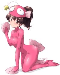 Rule 34 | 1girl, all fours, anglerfish costume, artist name, blush, breasts, brown eyes, brown hair, closed mouth, collarbone, covered erect nipples, covered navel, dated, full body, girls und panzer, groin, highres, koyama yuzu, kuzuryuu kennosuke, large breasts, looking at viewer, medium hair, no bra, ponytail, shiny clothes, shiny skin, simple background, skin tight, smile, solo, white background