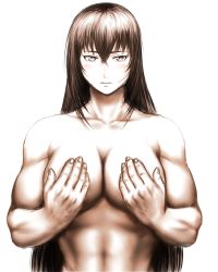 Rule 34 | 1girl, abs, blush, breasts, brown eyes, brown hair, cleavage, collarbone, covering privates, covering breasts, large breasts, long hair, m.u.g.e.n, monochrome, muscular, muscular female, nude, original, sendai hakurei no miko, sepia, solo, taikyokuturugi, touhou, very long hair