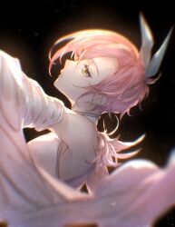 Rule 34 | 1girl, armpits, black background, chromatic aberration, commentary request, detached sleeves, dress, eyelashes, from side, highres, jack jeanne, light particles, looking up, mirei kh13, pink hair, profile, short hair, side part, solo, tachibana kisa, upper body, white dress, wide sleeves, yellow eyes