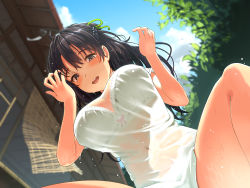 Rule 34 | 1girl, absurdres, black eyes, black hair, blue sky, blurry, blush, bow, bow bra, bra, braid, breasts, cleavage, cloud, day, depth of field, french braid, from below, half updo, hands up, highres, house, large breasts, long hair, looking at viewer, navel, no pants, original, outdoors, panties, satsuki neko, see-through, shirt, single braid, sky, smile, solo, squatting, thighs, underwear, wet, wet clothes, wet shirt, white bra, white panties, white shirt, wind chime