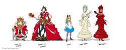Rule 34 | 1boy, 4girls, alice (alice in wonderland), alice in wonderland, apron, beard, black bow, black footwear, black hair, blonde hair, blue dress, blue eyes, bow, breasts, character name, cleavage, coat, colored skin, commentary, copyright notice, crown, dress, english commentary, facial hair, gunshiprevolution, hair bow, height difference, king, king of hearts (alice in wonderland), kriss sison, large breasts, long hair, multiple girls, pantyhose, purple pantyhose, queen of hearts (alice in wonderland), red coat, red dress, red hair, red queen, red skin, shoes, simple background, staff, white apron, white background, white dress, white hair, white queen, white skin