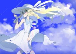 Rule 34 | 1girl, bare arms, blonde hair, blue sky, braid, closed mouth, cloud, commentary request, creatures (company), day, dress, game freak, green eyes, hat, knees together feet apart, lillie (pokemon), long hair, looking at viewer, newflame, nintendo, outdoors, pokemon, pokemon sm, shadow, sky, sleeveless, sleeveless dress, smile, solo, standing, sun hat, sundress, sunlight, twin braids, white dress, white hat, wind, wind lift