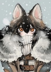 Rule 34 | 1other, :&lt;, absurdres, androgynous, animal ears, blue background, breath, brown hair, dog boy, dog ears, fur-trimmed jacket, fur trim, highres, jacket, long sleeves, looking at viewer, medium hair, orange eyes, original, personification, scarf, shima (wansyon144), short eyebrows, sidelocks, snowing, solo, tail, thick eyebrows, upper body, white scarf, winter, winter clothes