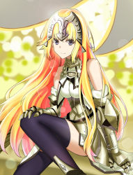 Rule 34 | 1girl, arm support, armor, armored dress, bare shoulders, black thighhighs, blonde hair, blue eyes, chain, fate/apocrypha, fate/grand order, fate (series), hand on own knee, headpiece, jeanne d&#039;arc (fate), jeanne d&#039;arc (ruler) (fate), jeanne d&#039;arc (third ascension) (fate), long hair, makise minami, smile, solo, thighhighs, thighs