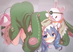 Rule 34 | 1girl, absurdres, all fours, animal ears, animal hood, artina, ass, blue eyes, blue hair, blush, boots, coat, cowering, date a live, eyepatch, fake animal ears, green coat, green footwear, hand puppet, hands on own head, highres, hood, long hair, puppet, rabbit ears, sleeves past wrists, solo, yoshino (date a live), yoshinon