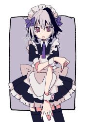 Rule 34 | 1girl, 3774., \||/, alternate costume, apron, black dress, black hair, black thighhighs, border, bow, colored inner hair, dress, enmaided, flower (vocaloid), flower (vocaloid4), frilled apron, frills, furrowed brow, garter straps, grey background, grey hair, hair bow, looking at viewer, low twintails, maid, maid apron, multicolored hair, multiple hair bows, necktie, open mouth, outside border, puffy short sleeves, puffy sleeves, purple bow, purple nails, purple necktie, red eyes, short hair, short sleeves, short twintails, signature, simple background, solo, sweat, thighhighs, twintails, vocaloid, white apron, white border, wrist cuffs